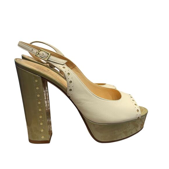 Kate Spade Green Cream Leather Slingback Peep Toe Platform Heels Size 9 AS IS - Picture 1 of 8